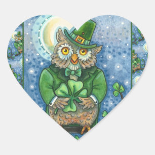 ST. PATRICK'S DAY OWL, 4 LEAF CLOVER LEPRECHAUN HEART STICKER