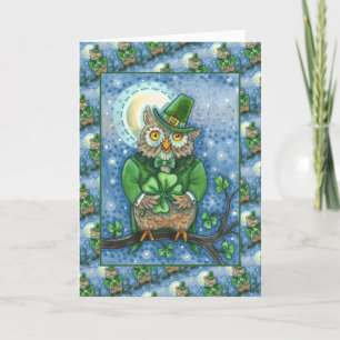 ST. PATRICK'S DAY OWL, 4 LEAF CLOVER LEPRECHAUN HOLIDAY CARD