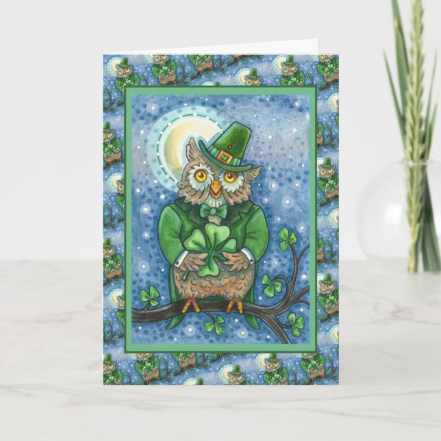 ST. PATRICK'S DAY OWL, 4 LEAF CLOVER LEPRECHAUN HOLIDAY CARD (Front)