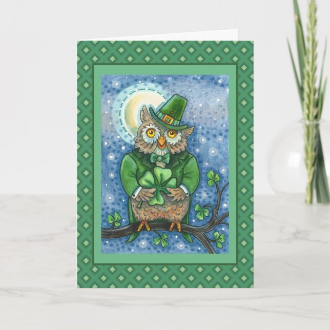ST. PATRICK'S DAY OWL, 4 LEAF CLOVER LEPRECHAUN HOLIDAY CARD (Front)
