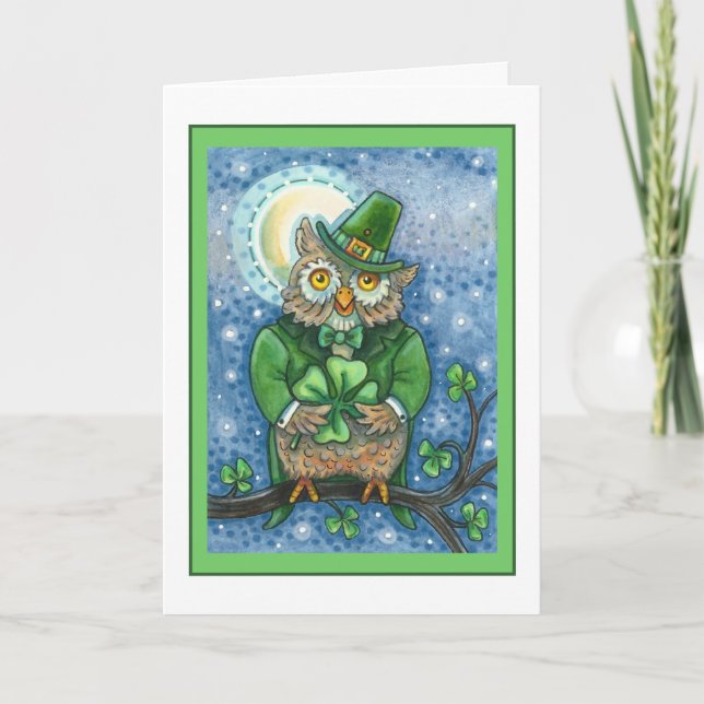 ST. PATRICK'S DAY OWL, 4 LEAF CLOVER LEPRECHAUN HOLIDAY CARD (Front)