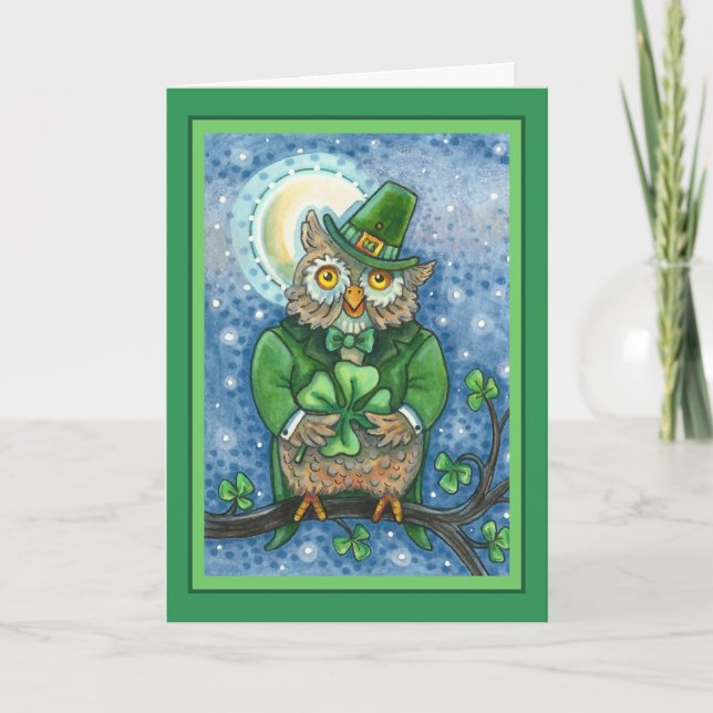 ST. PATRICK'S DAY OWL, 4 LEAF CLOVER LEPRECHAUN HOLIDAY CARD (Front)