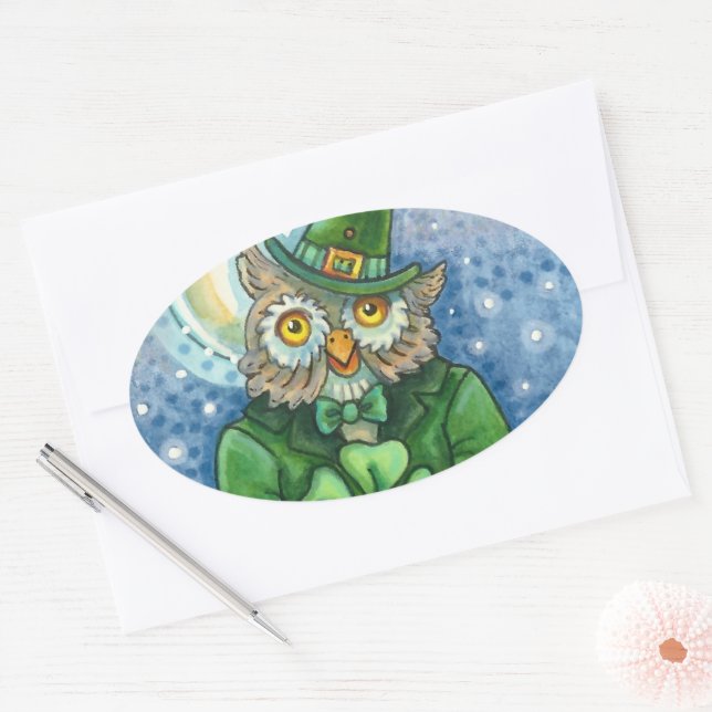 ST. PATRICK'S DAY OWL, 4 LEAF CLOVER LEPRECHAUN OVAL STICKER (Envelope)