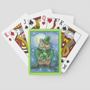 ST. PATRICK'S DAY OWL, 4 LEAF CLOVER LEPRECHAUN PLAYING CARDS