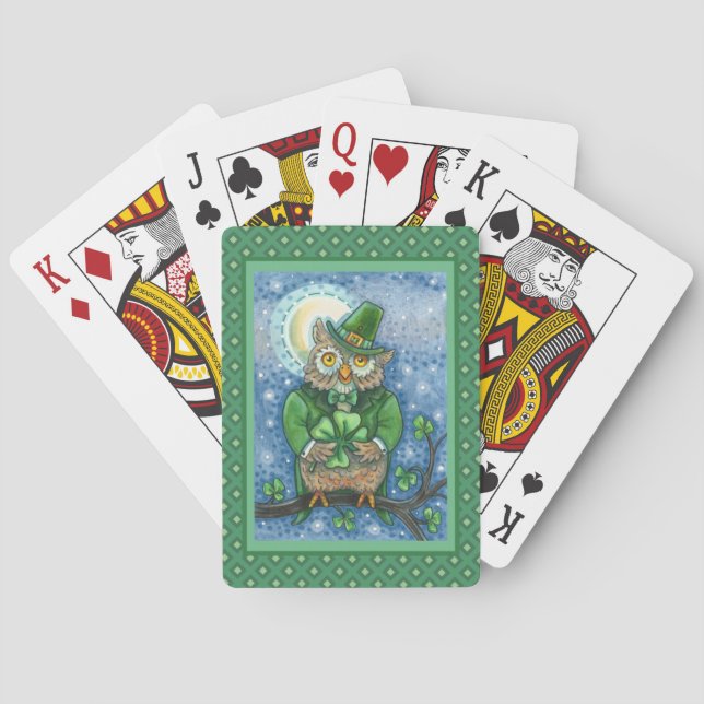 ST. PATRICK'S DAY OWL, 4 LEAF CLOVER LEPRECHAUN PLAYING CARDS (Back)