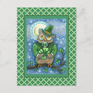 ST. PATRICK'S DAY OWL, 4 LEAF CLOVER LEPRECHAUN POSTCARD
