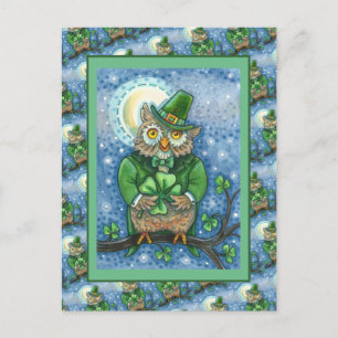 ST. PATRICK'S DAY OWL, 4 LEAF CLOVER LEPRECHAUN POSTCARD