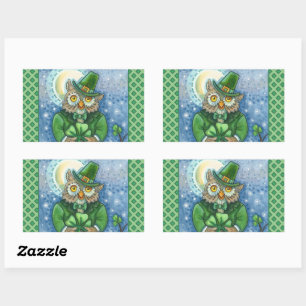 ST. PATRICK'S DAY OWL, 4 LEAF CLOVER LEPRECHAUN RECTANGULAR STICKER
