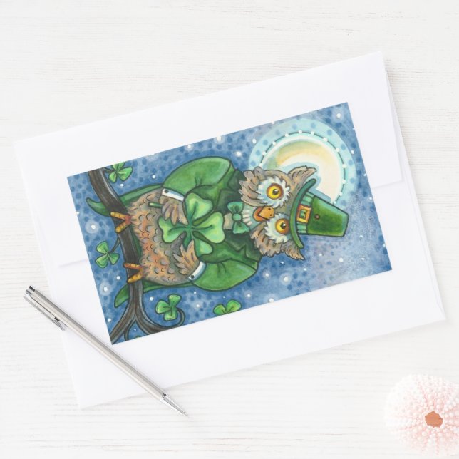 ST. PATRICK'S DAY OWL, 4 LEAF CLOVER LEPRECHAUN RECTANGULAR STICKER (Envelope)