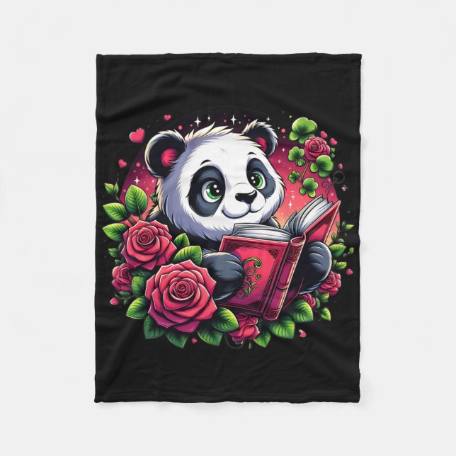 St Patricks Day Panda Reading A Book Rose Flower P Fleece Blanket (Front)
