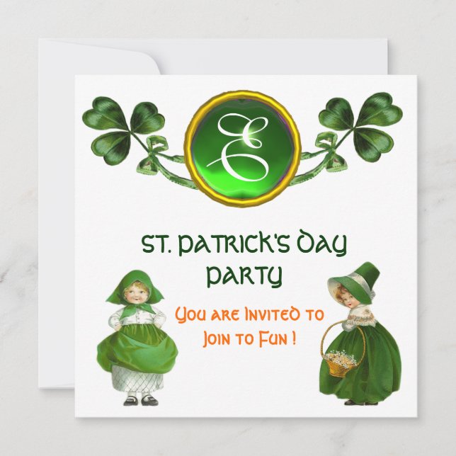 ST. PATRICK'S DAY PARTY GREEN EMERALD MONOGRAM INVITATION (Front)