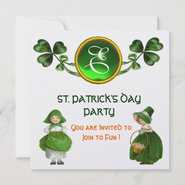 ST. PATRICK'S DAY PARTY GREEN EMERALD MONOGRAM INVITATION (Front)