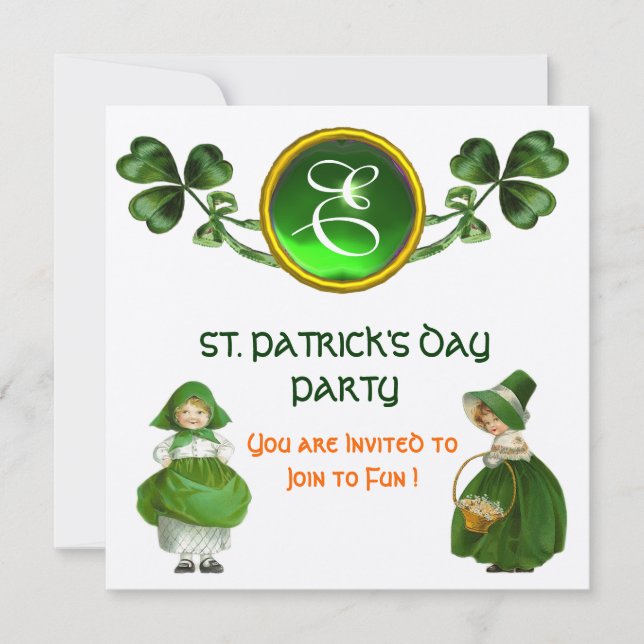 ST. PATRICK'S DAY PARTY GREEN SILVER MONOGRAM INVITATION (Front)