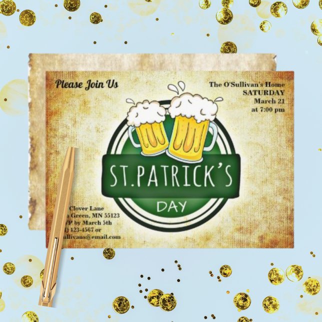 St Patrick's Day Party Irish Brew Retro Parchment Invitation (Creator Uploaded)