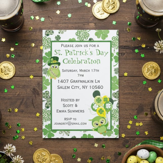 St. Patricks Day Party Shamrock Green Owl Invitation (Creator Uploaded)