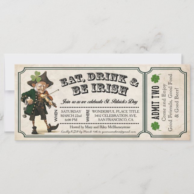 St. Patrick's Day Party Vintage Ticket Invitations (Front)