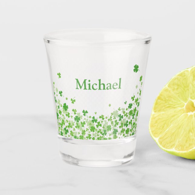 St. Patrick's Day personalised shamrock Shot Glass (Front)