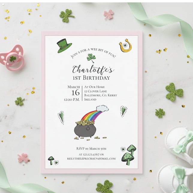 St Patricks Day Pink Rainbow 1st Birthday Invitation (Irish First Birthday Rainbow Pink Invite. Green Shamrock Pot of Gold St Patrick's Day 1st Birthday)