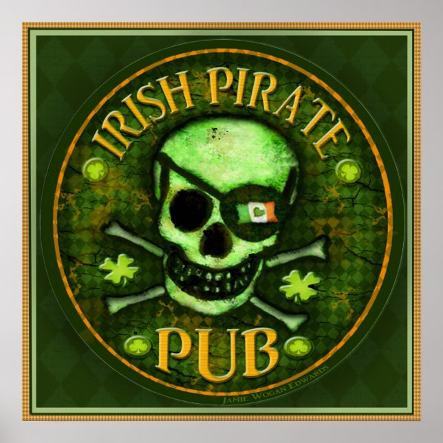 St Patrick's Day Pirate Pub Skull Art Print Poster (Front)