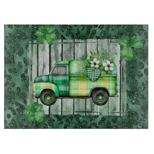 St. Patrick's Day Plaid Vintage Truck  Cutting Board (Front)