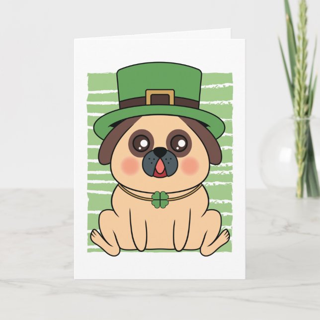 St. Patrick's Day Pug Dog Lucky Shamrock Card (Front)