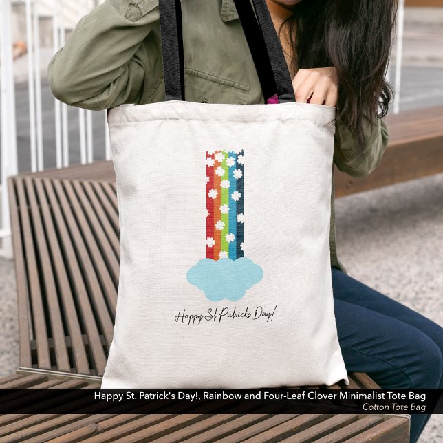 St. Patrick's Day Rainbow 4-Leaf Clover Minimalist Tote Bag (Happy St. Patrick's Day Minimalist Tote Bag with a Rainbow and Four-Leaf Clover Design. )