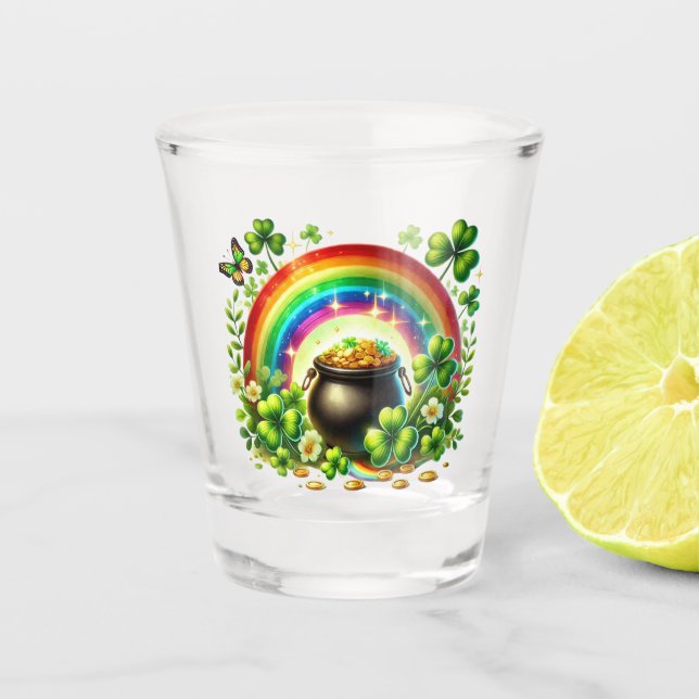St Patrick's Day Rainbow and Pot of Gold Shot Glass (Front)
