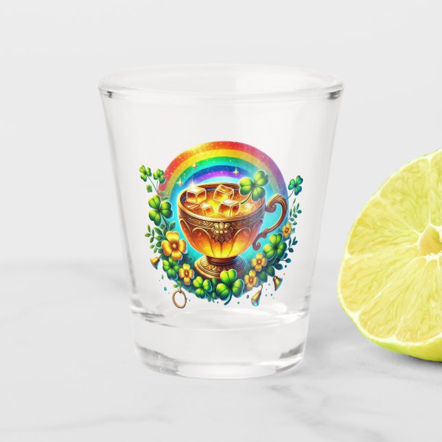 St Patrick's Day Rainbow and Pot of Gold Shot Glass (Front)