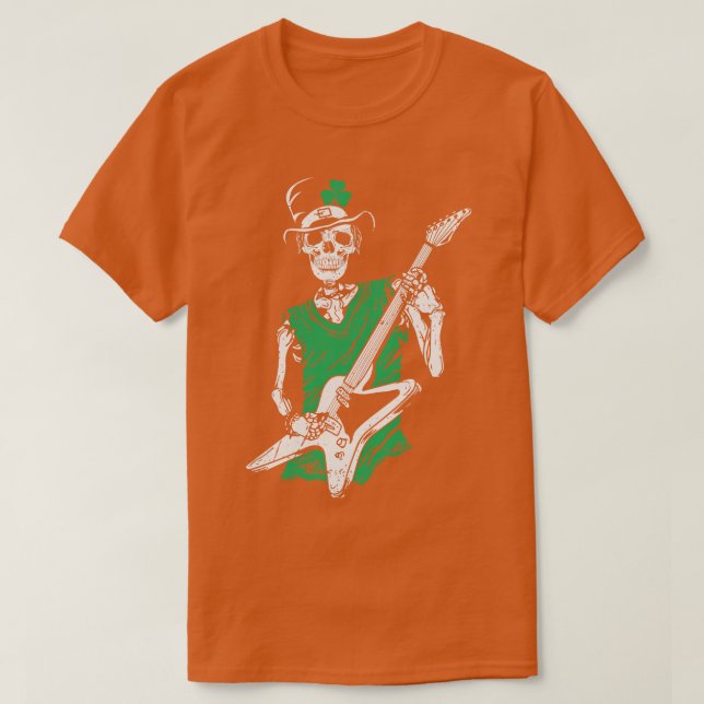 St Patricks Day Rock Roll Skeleton Guitar Player T-Shirt (Design Front)