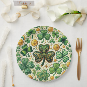 St. Patrick's Day Shamrock and Gold Pattern Paper Plate