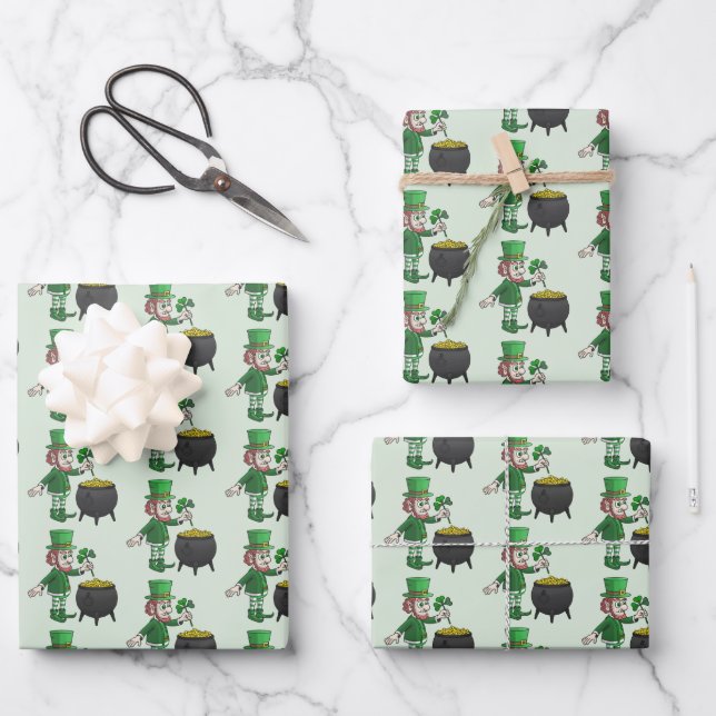 St Patrick's Day Shamrock and Pot Filled with Gold Wrapping Paper Sheet (Front)