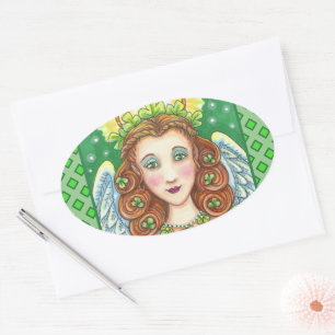 ST. PATRICK'S DAY SHAMROCK ANGEL, IRISH BLESSINGS OVAL STICKER