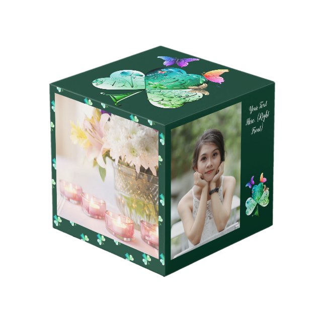 St. Patrick's Day Shamrock Butterfly Photo Cube (Front Angled)
