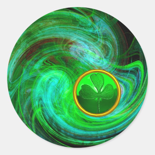 ST PATRICKS DAY SHAMROCK IN BLUE GREEN FRACTALS CLASSIC ROUND STICKER (Front)