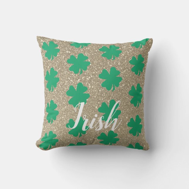 St Patrick's Day Shamrock Leaf Green Gold Glitter Cushion (Front)