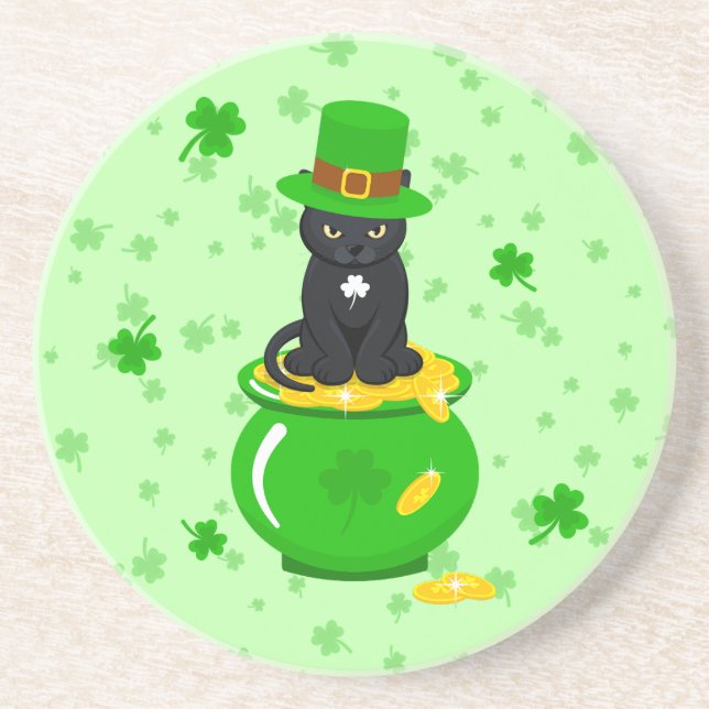 St. Patrick's Day Shamrock Pot of Gold Black Cat Coaster (Front)