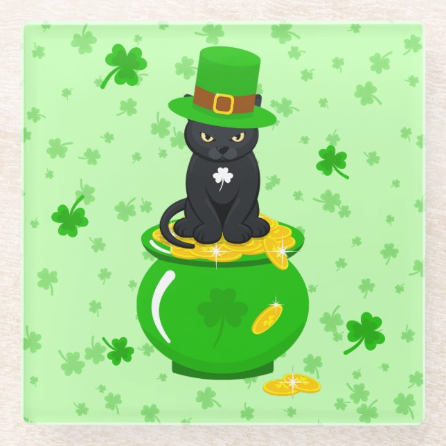 St. Patrick's Day Shamrock Pot of Gold Black Cat Glass Coaster (Front)