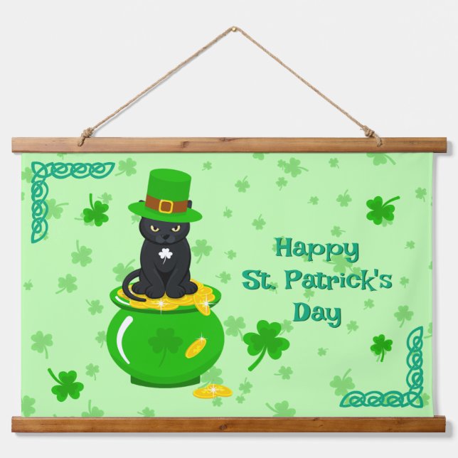 St. Patrick's Day Shamrock Pot of Gold Black Cat Hanging Tapestry (Front)