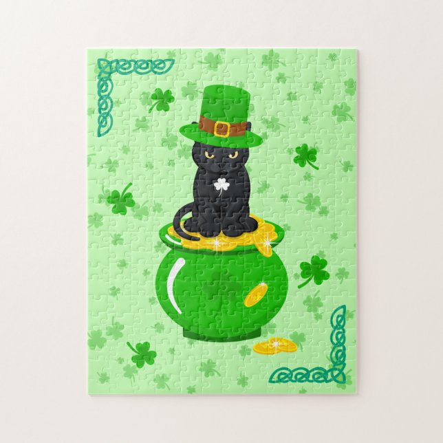 St. Patrick's Day Shamrock Pot of Gold Black Cat Jigsaw Puzzle (Vertical)