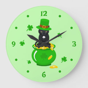 St. Patrick's Day Shamrock Pot of Gold Black Cat Large Clock