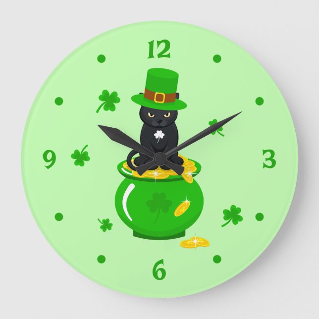 St. Patrick's Day Shamrock Pot of Gold Black Cat Large Clock (Front)