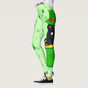 St. Patrick's Day Shamrock Pot of Gold Black Cat Leggings