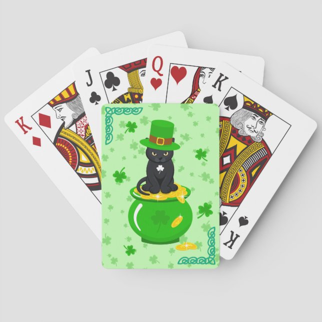 St. Patrick's Day Shamrock Pot of Gold Black Cat Playing Cards (Back)