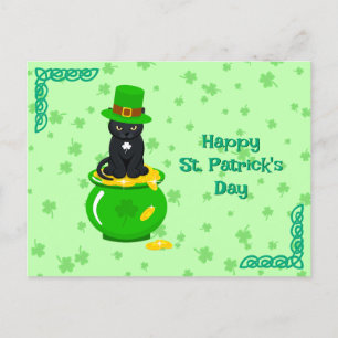 St. Patrick's Day Shamrock Pot of Gold Black Cat Postcard