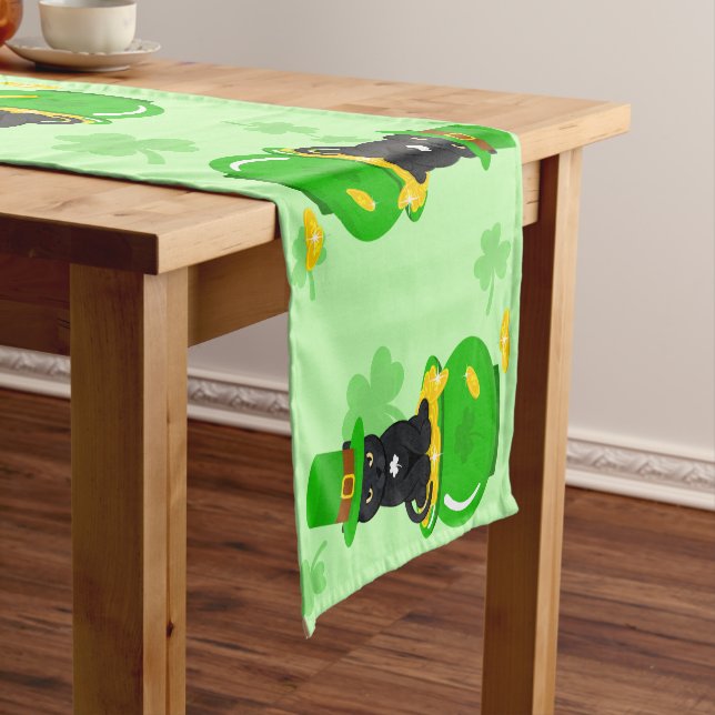 St. Patrick's Day Shamrock Pot of Gold Black Cat Short Table Runner (In Situ)