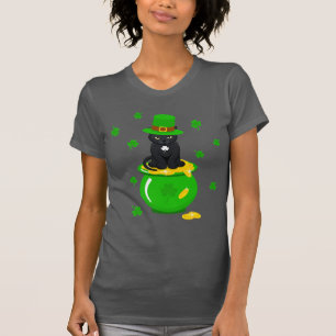 St. Patrick's Day Shamrock Pot of Gold Black Cat T-Shirt