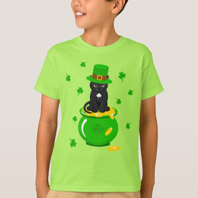 St. Patrick's Day Shamrock Pot of Gold Black Cat T-Shirt (Front)