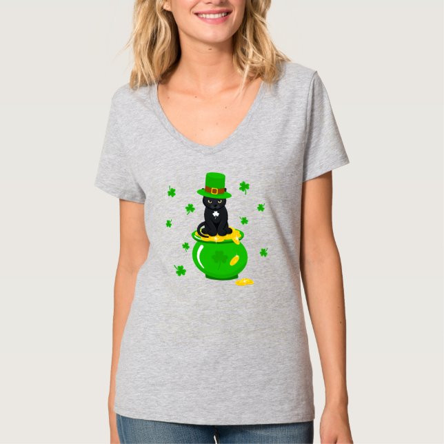 St. Patrick's Day Shamrock Pot of Gold Black Cat T-Shirt (Front)
