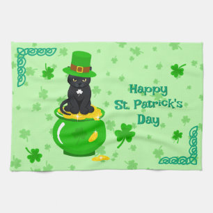 St. Patrick's Day Shamrock Pot of Gold Black Cat Tea Towel
