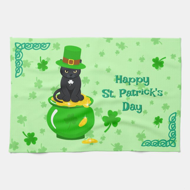 St. Patrick's Day Shamrock Pot of Gold Black Cat Tea Towel (Horizontal)